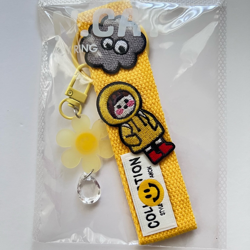 NEW Yellow Key Fob with Patch & Acrylic happy face charm